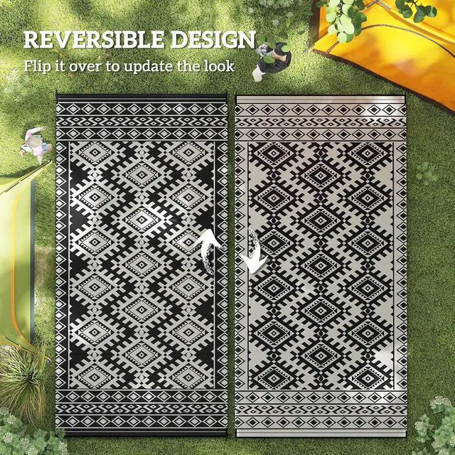 Alt view image 7 of 7 - Outdoor Rug for Patio Waterproof 9' x 18' Black & White Rhombus | Large Mat, Reversible Plastic Straw Rug, Decor, Portable Outside RV Camping Area Carpet Mat, Backyard Porch Deck Picnic