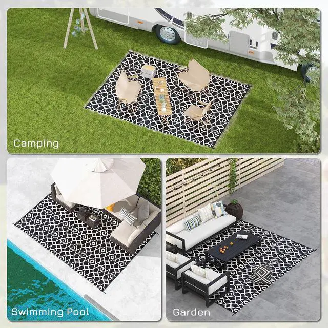 Alt view image 5 of 7 - Outdoor Rug for Patio, 9' x 12' Waterproof Large Mat, Reversible Plastic Straw Rug for Decor, Portable Outside RV Camping Area Carpet Mat for Backyard Porch Deck Picnic, Black & White Clover