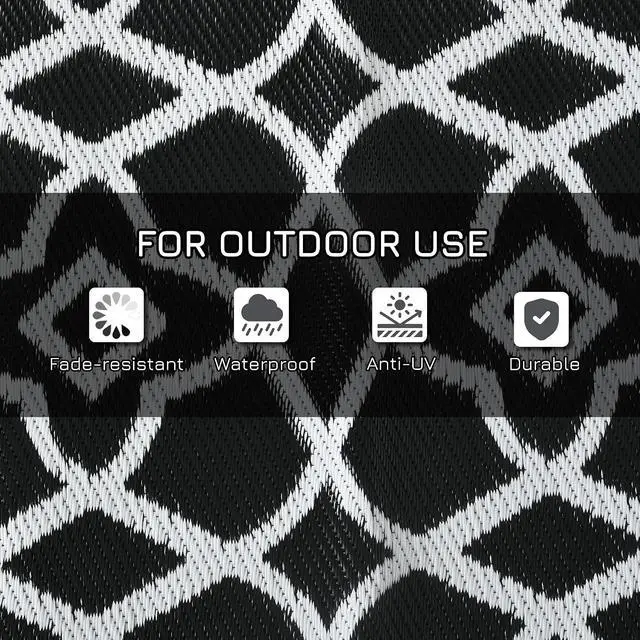 Alt view image 6 of 7 - Outdoor Rug for Patio, 9' x 12' Waterproof Large Mat, Reversible Plastic Straw Rug for Decor, Portable Outside RV Camping Area Carpet Mat for Backyard Porch Deck Picnic, Black & White Clover