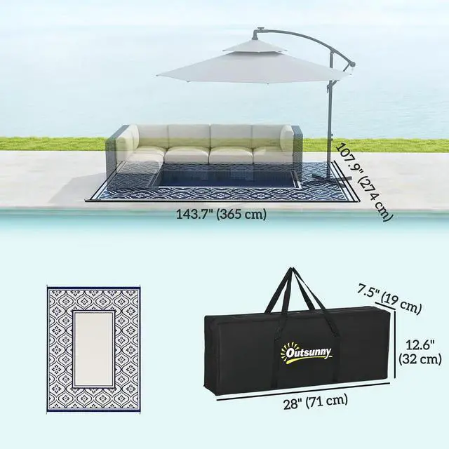 Alt view image 2 of 7 - Outdoor Rug for Patio Waterproof 9' x 12' Blue & White Gourd | Large Mat, Reversible Plastic Straw Rug, Decor, Portable Outside RV Camping Area Carpet Mat, Backyard Porch Deck Picnic