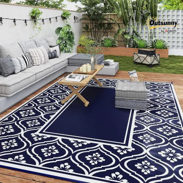 Alt view image 3 of 7 - Outdoor Rug for Patio Waterproof 9' x 12' Blue & White Gourd | Large Mat, Reversible Plastic Straw Rug, Decor, Portable Outside RV Camping Area Carpet Mat, Backyard Porch Deck Picnic