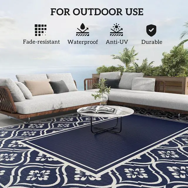 Alt view image 6 of 7 - Outdoor Rug for Patio Waterproof 9' x 12' Blue & White Gourd | Large Mat, Reversible Plastic Straw Rug, Decor, Portable Outside RV Camping Area Carpet Mat, Backyard Porch Deck Picnic