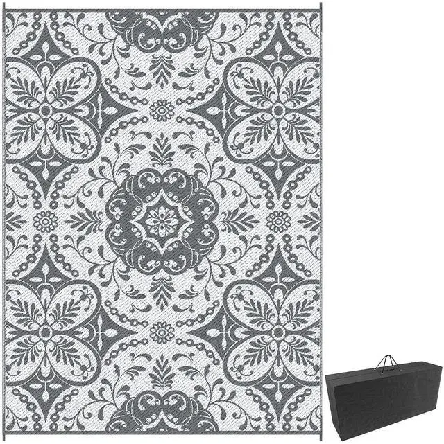 Main image of Outdoor Rug for Patio Waterproof 9' x 12' Gray & White Floral | Large Mat, Reversible Plastic Straw Rug, Decor, Portable Outside RV Camping Area Carpet Mat, Backyard Porch Deck Picnic