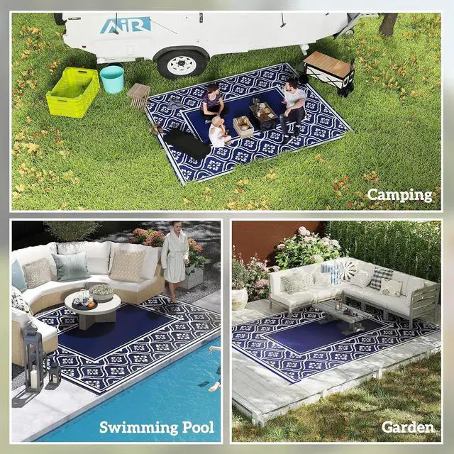Alt view image 5 of 7 - Outdoor Rug for Patio Waterproof 9' x 12' Blue & White Gourd | Large Mat, Reversible Plastic Straw Rug, Decor, Portable Outside RV Camping Area Carpet Mat, Backyard Porch Deck Picnic