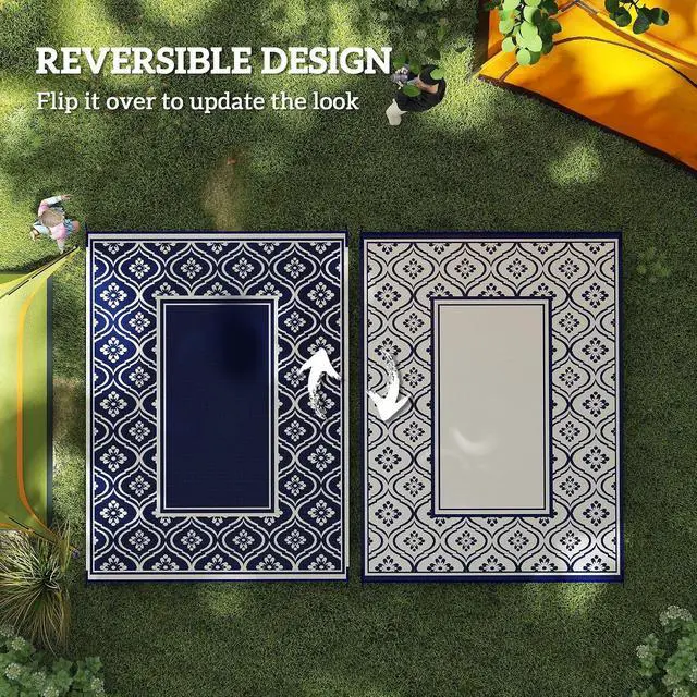 Alt view image 7 of 7 - Outdoor Rug for Patio Waterproof 9' x 12' Blue & White Gourd | Large Mat, Reversible Plastic Straw Rug, Decor, Portable Outside RV Camping Area Carpet Mat, Backyard Porch Deck Picnic