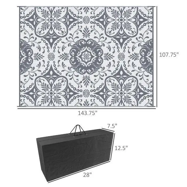 Alt view image 3 of 7 - Outdoor Rug for Patio Waterproof 9' x 12' Gray & White Floral | Large Mat, Reversible Plastic Straw Rug, Decor, Portable Outside RV Camping Area Carpet Mat, Backyard Porch Deck Picnic