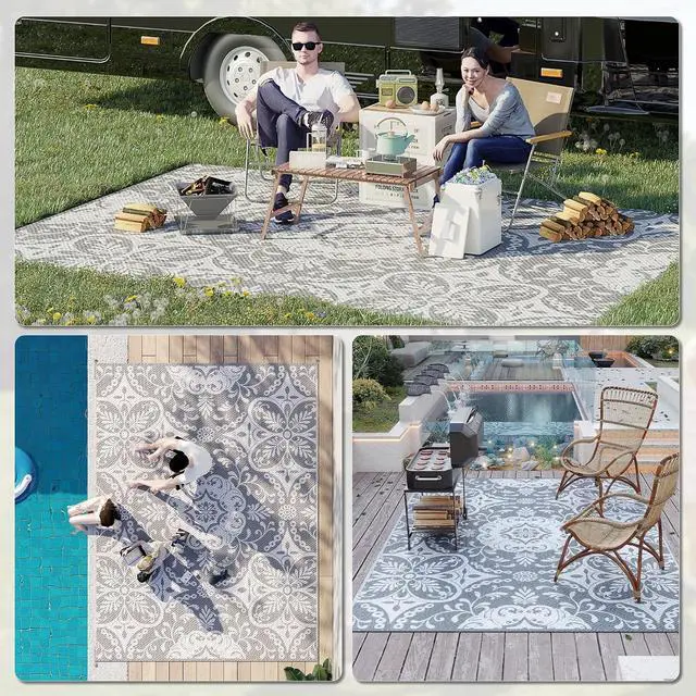 Alt view image 5 of 7 - Outdoor Rug for Patio Waterproof 9' x 12' Gray & White Floral | Large Mat, Reversible Plastic Straw Rug, Decor, Portable Outside RV Camping Area Carpet Mat, Backyard Porch Deck Picnic