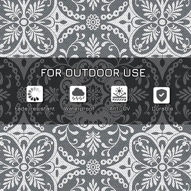 Alt view image 6 of 7 - Outdoor Rug for Patio Waterproof 9' x 12' Gray & White Floral | Large Mat, Reversible Plastic Straw Rug, Decor, Portable Outside RV Camping Area Carpet Mat, Backyard Porch Deck Picnic