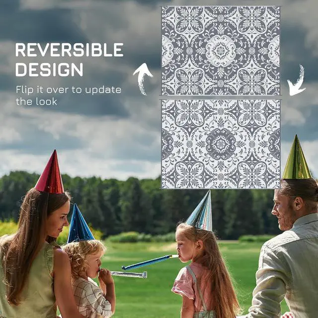 Alt view image 7 of 7 - Outdoor Rug for Patio Waterproof 9' x 12' Gray & White Floral | Large Mat, Reversible Plastic Straw Rug, Decor, Portable Outside RV Camping Area Carpet Mat, Backyard Porch Deck Picnic