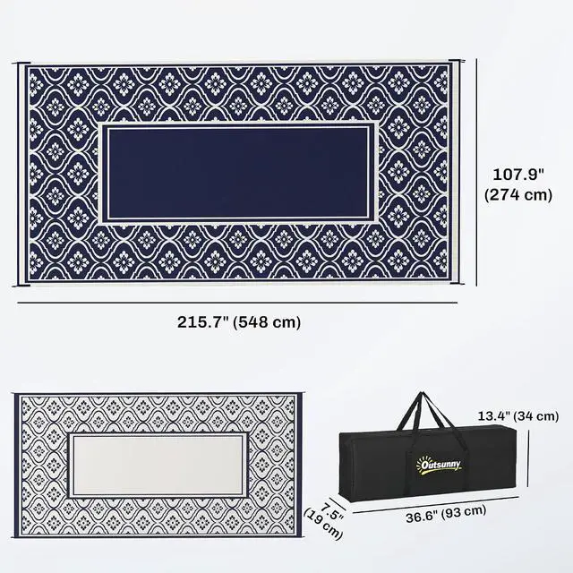 Alt view image 3 of 7 - Outdoor Rug for Patio Waterproof 9' x 18' Blue & White Gourd | Large Mat, Reversible Plastic Straw Rug, Decor, Portable Outside RV Camping Area Carpet Mat, Backyard Porch Deck Picnic