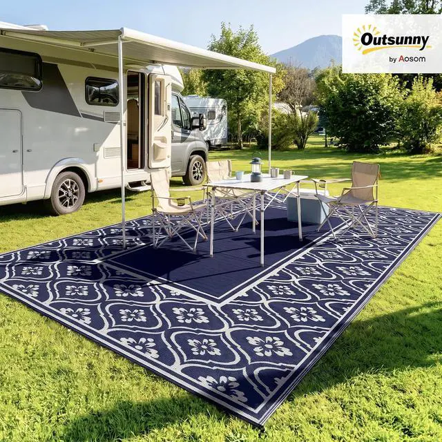 Alt view image 2 of 7 - Outdoor Rug for Patio Waterproof 9' x 18' Blue & White Gourd | Large Mat, Reversible Plastic Straw Rug, Decor, Portable Outside RV Camping Area Carpet Mat, Backyard Porch Deck Picnic