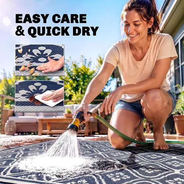 Alt view image 5 of 7 - Outdoor Rug for Patio Waterproof 9' x 18' Blue & White Gourd | Large Mat, Reversible Plastic Straw Rug, Decor, Portable Outside RV Camping Area Carpet Mat, Backyard Porch Deck Picnic