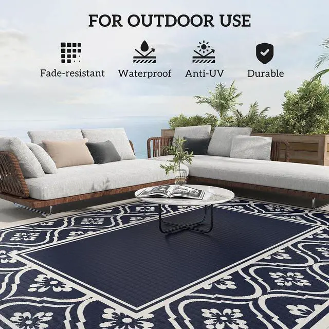 Alt view image 6 of 7 - Outdoor Rug for Patio Waterproof 9' x 10' Blue & White Gourd | Large Mat, Reversible Plastic Straw Rug, Decor, Portable Outside RV Camping Area Carpet Mat, Backyard Porch Deck Picnic