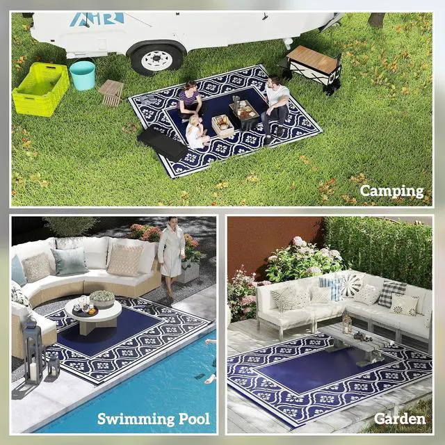 Alt view image 5 of 7 - Outdoor Rug for Patio Waterproof 9' x 10' Blue & White Gourd | Large Mat, Reversible Plastic Straw Rug, Decor, Portable Outside RV Camping Area Carpet Mat, Backyard Porch Deck Picnic