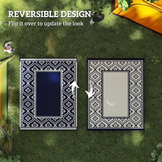 Alt view image 7 of 7 - Outdoor Rug for Patio Waterproof 9' x 10' Blue & White Gourd | Large Mat, Reversible Plastic Straw Rug, Decor, Portable Outside RV Camping Area Carpet Mat, Backyard Porch Deck Picnic