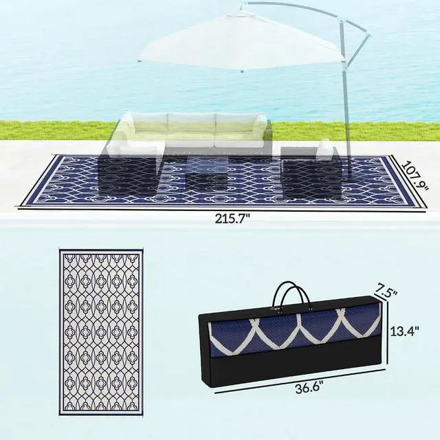Alt view image 2 of 7 - Outdoor Rug for Patio Waterproof 9' x 18' Blue & White Lantern | Large Mat, Reversible Plastic Straw Rug, Decor, Portable Outside RV Camping Area Carpet Mat, Backyard Porch Deck Picnic