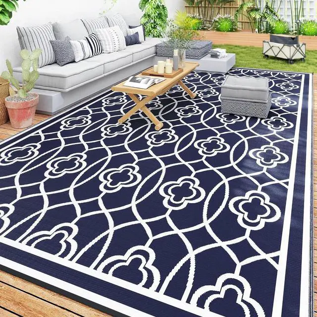 Main image of Outdoor Rug for Patio Waterproof 9' x 18' Blue & White Lantern | Large Mat, Reversible Plastic Straw Rug, Decor, Portable Outside RV Camping Area Carpet Mat, Backyard Porch Deck Picnic