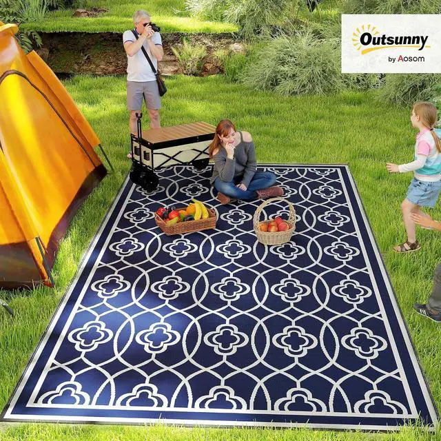 Alt view image 3 of 7 - Outdoor Rug for Patio Waterproof 9' x 18' Blue & White Lantern | Large Mat, Reversible Plastic Straw Rug, Decor, Portable Outside RV Camping Area Carpet Mat, Backyard Porch Deck Picnic