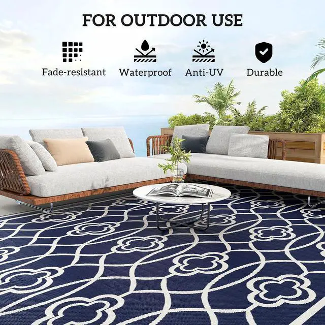 Alt view image 6 of 7 - Outdoor Rug for Patio Waterproof 9' x 18' Blue & White Lantern | Large Mat, Reversible Plastic Straw Rug, Decor, Portable Outside RV Camping Area Carpet Mat, Backyard Porch Deck Picnic