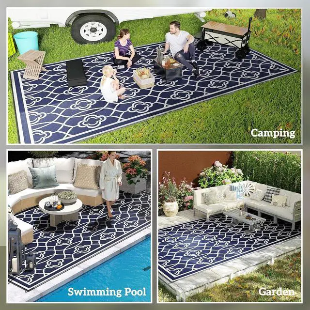 Alt view image 5 of 7 - Outdoor Rug for Patio Waterproof 9' x 18' Blue & White Lantern | Large Mat, Reversible Plastic Straw Rug, Decor, Portable Outside RV Camping Area Carpet Mat, Backyard Porch Deck Picnic