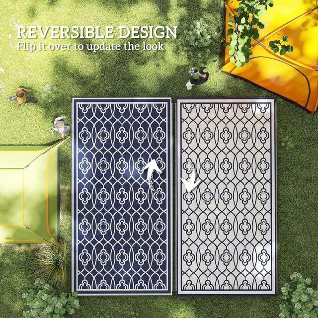 Alt view image 7 of 7 - Outdoor Rug for Patio Waterproof 9' x 18' Blue & White Lantern | Large Mat, Reversible Plastic Straw Rug, Decor, Portable Outside RV Camping Area Carpet Mat, Backyard Porch Deck Picnic