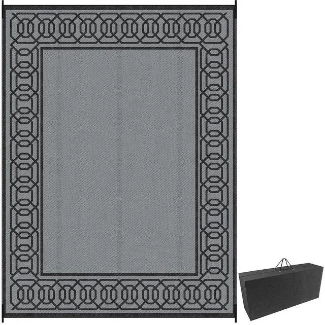 Main image of Outdoor Rug for Patio Waterproof 9' x 12' Black & Gray Border | Large Mat, Reversible Plastic Straw Rug, Decor, Portable Outside RV Camping Area Carpet Mat, Backyard Porch Deck Picnic
