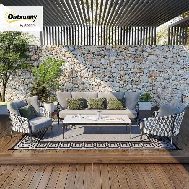 Alt view image 2 of 7 - Outdoor Rug for Patio Waterproof 9' x 12' Black & Gray Border | Large Mat, Reversible Plastic Straw Rug, Decor, Portable Outside RV Camping Area Carpet Mat, Backyard Porch Deck Picnic