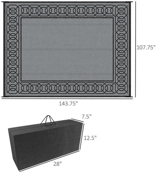 Alt view image 3 of 7 - Outdoor Rug for Patio Waterproof 9' x 12' Black & Gray Border | Large Mat, Reversible Plastic Straw Rug, Decor, Portable Outside RV Camping Area Carpet Mat, Backyard Porch Deck Picnic