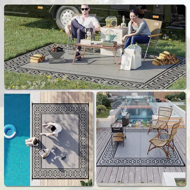 Alt view image 5 of 7 - Outdoor Rug for Patio Waterproof 9' x 12' Black & Gray Border | Large Mat, Reversible Plastic Straw Rug, Decor, Portable Outside RV Camping Area Carpet Mat, Backyard Porch Deck Picnic