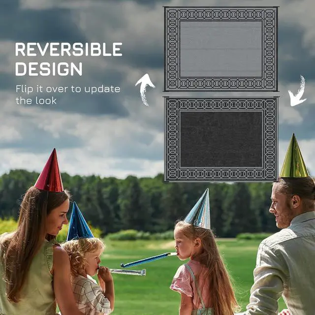 Alt view image 7 of 7 - Outdoor Rug for Patio Waterproof 9' x 12' Black & Gray Border | Large Mat, Reversible Plastic Straw Rug, Decor, Portable Outside RV Camping Area Carpet Mat, Backyard Porch Deck Picnic