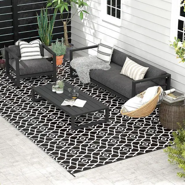 Alt view image 2 of 7 - Outdoor Rug for Patio Waterproof, 9' x 18', Black & White Clover | Large Mat, Reversible Plastic Straw Rug, Decor, Portable Outside RV Camping Area Carpet Mat, Backyard Porch Deck Picnic