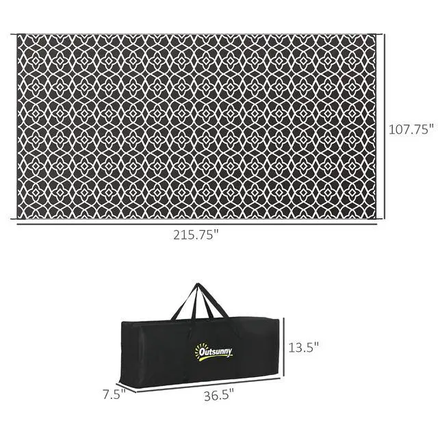 Alt view image 3 of 7 - Outdoor Rug for Patio Waterproof, 9' x 18', Black & White Clover | Large Mat, Reversible Plastic Straw Rug, Decor, Portable Outside RV Camping Area Carpet Mat, Backyard Porch Deck Picnic