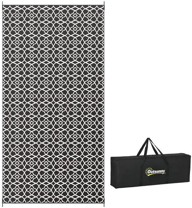 Main image of Outdoor Rug for Patio Waterproof, 9' x 18', Black & White Clover | Large Mat, Reversible Plastic Straw Rug, Decor, Portable Outside RV Camping Area Carpet Mat, Backyard Porch Deck Picnic