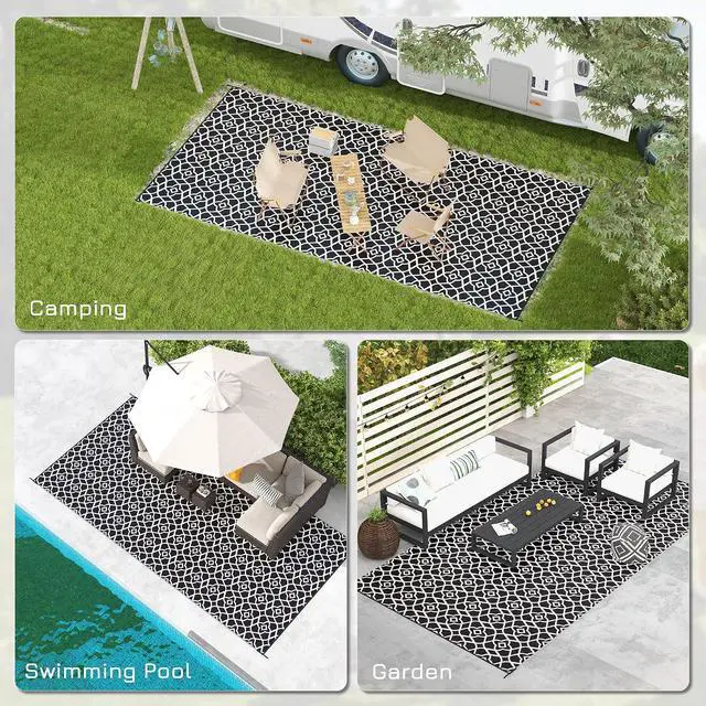 Alt view image 5 of 7 - Outdoor Rug for Patio Waterproof, 9' x 18', Black & White Clover | Large Mat, Reversible Plastic Straw Rug, Decor, Portable Outside RV Camping Area Carpet Mat, Backyard Porch Deck Picnic