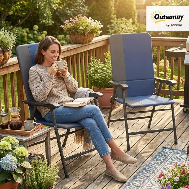 Alt view image 2 of 7 - Folding Patio Chairs Set of 2 Padded High Back Armrests Dark Blue | Folding, 600D Oxford Fabric, Portable, Outdoor Camping Chair Set, Lawn, Deck, Garden, Backyard