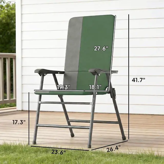 Alt view image 3 of 7 - Folding Patio Chairs Set of 2 Padded High Back Armrests Dark Green | Folding, 600D Oxford Fabric, Portable, Outdoor Camping Chair Set, Lawn, Deck, Garden, Backyard
