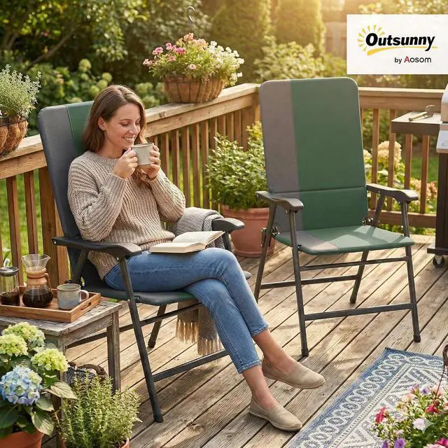 Alt view image 2 of 7 - Folding Patio Chairs Set of 2 Padded High Back Armrests Dark Green | Folding, 600D Oxford Fabric, Portable, Outdoor Camping Chair Set, Lawn, Deck, Garden, Backyard