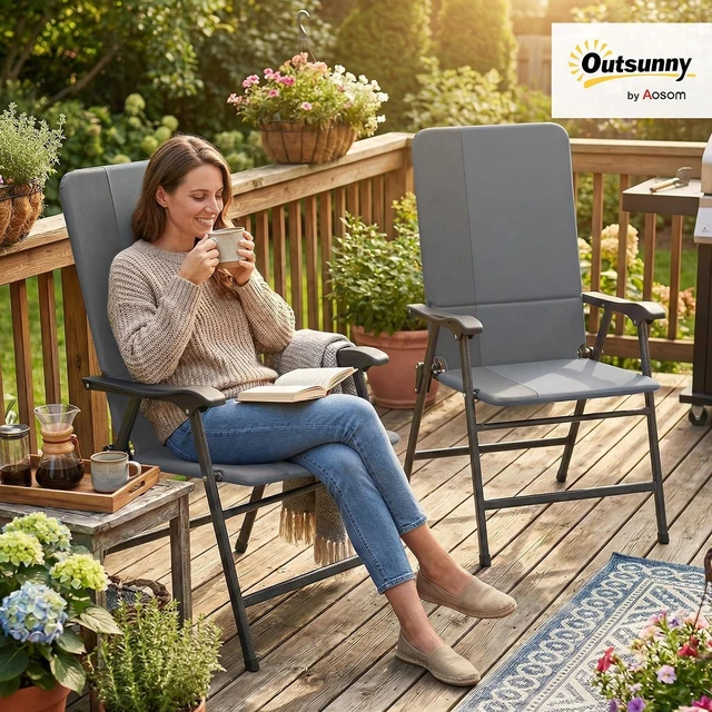 Alt view image 2 of 7 - Folding Patio Chairs Set of 2 Padded High Back Armrests Light Gray | Folding, 600D Oxford Fabric, Portable, Outdoor Camping Chair Set, Lawn, Deck, Garden, Backyard