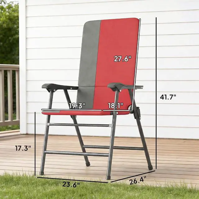 Alt view image 3 of 7 - Folding Patio Chairs Set of 2 Padded High Back Armrests Red | Folding, 600D Oxford Fabric, Portable, Outdoor Camping Chair Set, Lawn, Deck, Garden, Backyard