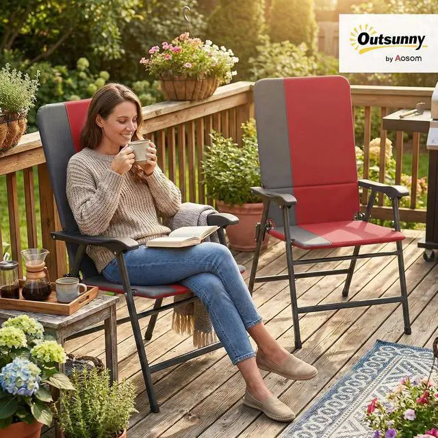 Alt view image 2 of 7 - Folding Patio Chairs Set of 2 Padded High Back Armrests Red | Folding, 600D Oxford Fabric, Portable, Outdoor Camping Chair Set, Lawn, Deck, Garden, Backyard