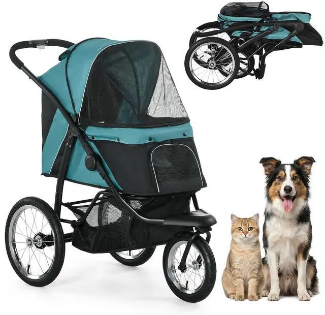 Main image of PawHut 3 Wheels Pet Stroller Foldable Jogger for Medium Dogs Dark Green | Adjustable Canopy, Safety Tether, Cushion, Storage Basket, Portable for Meidum Dogs and Cats