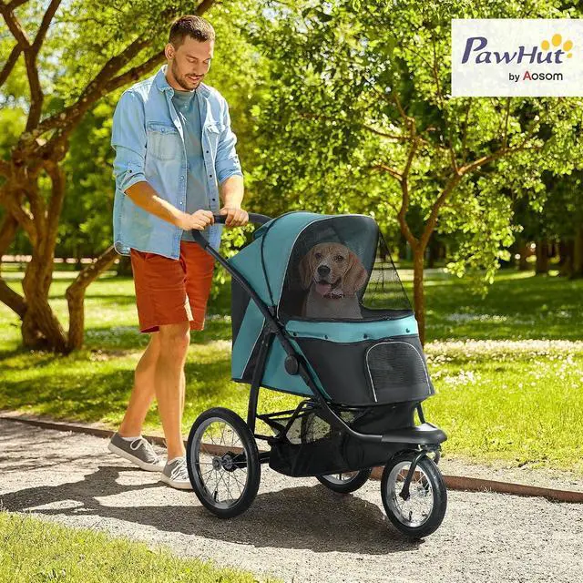Alt view image 2 of 7 - PawHut 3 Wheels Pet Stroller Foldable Jogger for Medium Dogs Dark Green | Adjustable Canopy, Safety Tether, Cushion, Storage Basket, Portable for Meidum Dogs and Cats