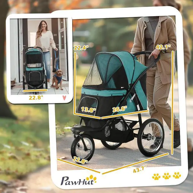 Alt view image 3 of 7 - PawHut 3 Wheels Pet Stroller Foldable Jogger for Medium Dogs Dark Green | Adjustable Canopy, Safety Tether, Cushion, Storage Basket, Portable for Meidum Dogs and Cats