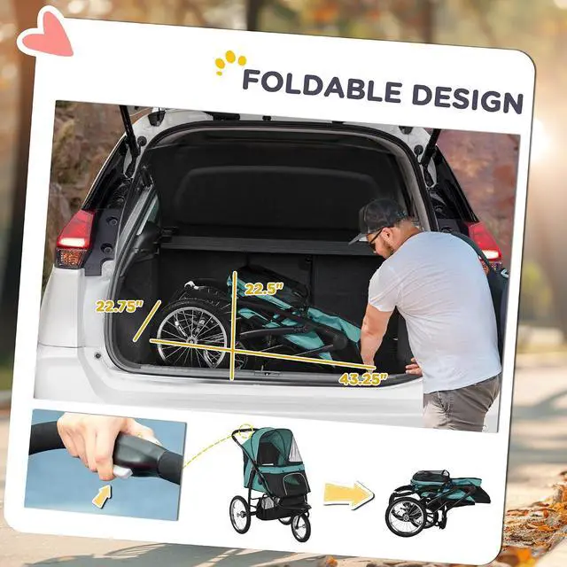 Alt view image 6 of 7 - PawHut 3 Wheels Pet Stroller Foldable Jogger for Medium Dogs Dark Green | Adjustable Canopy, Safety Tether, Cushion, Storage Basket, Portable for Meidum Dogs and Cats