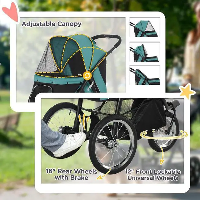 Alt view image 7 of 7 - PawHut 3 Wheels Pet Stroller Foldable Jogger for Medium Dogs Dark Green | Adjustable Canopy, Safety Tether, Cushion, Storage Basket, Portable for Meidum Dogs and Cats