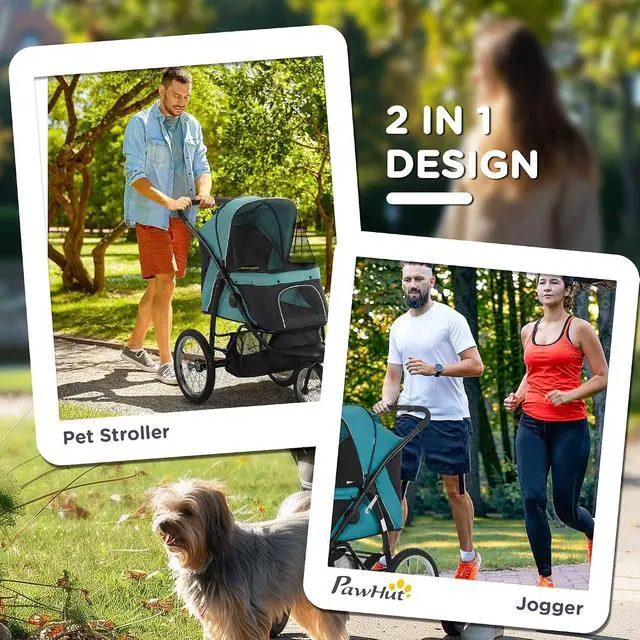 Alt view image 5 of 7 - PawHut 3 Wheels Pet Stroller Foldable Jogger for Medium Dogs Dark Green | Adjustable Canopy, Safety Tether, Cushion, Storage Basket, Portable for Meidum Dogs and Cats