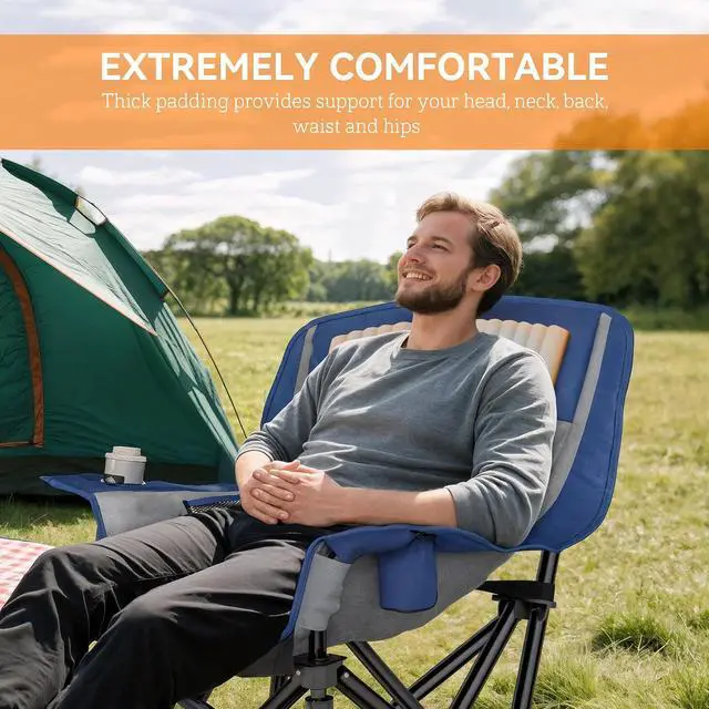 Alt view image 4 of 7 - Single Padded Camping Chair for Adults Portable Blue and Gray | Folding, Side Pockets, Cup Holders, Carry Bag, Outdoor Camp Chair, Backyard, Fishing, Sports