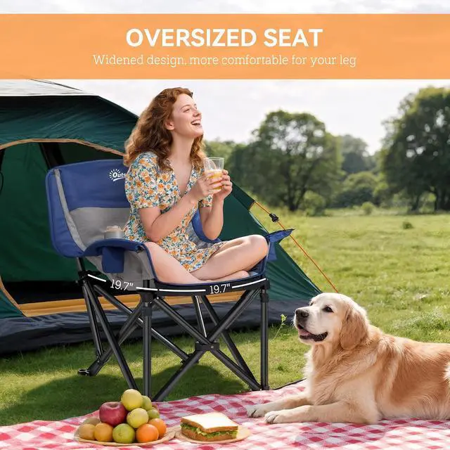 Alt view image 5 of 7 - Single Padded Camping Chair for Adults Portable Blue and Gray | Folding, Side Pockets, Cup Holders, Carry Bag, Outdoor Camp Chair, Backyard, Fishing, Sports