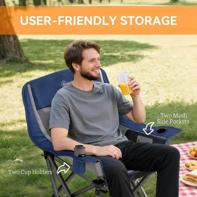 Alt view image 6 of 7 - Single Padded Camping Chair for Adults Portable Blue and Gray | Folding, Side Pockets, Cup Holders, Carry Bag, Outdoor Camp Chair, Backyard, Fishing, Sports