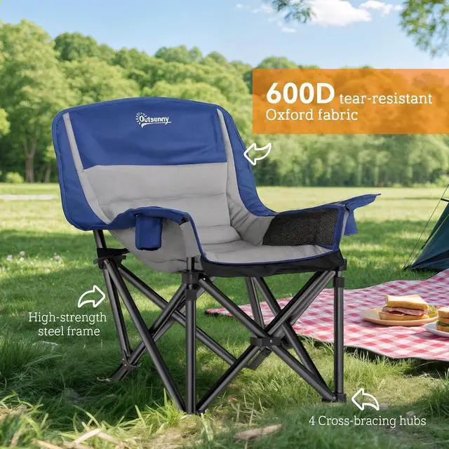 Alt view image 7 of 7 - Single Padded Camping Chair for Adults Portable Blue and Gray | Folding, Side Pockets, Cup Holders, Carry Bag, Outdoor Camp Chair, Backyard, Fishing, Sports